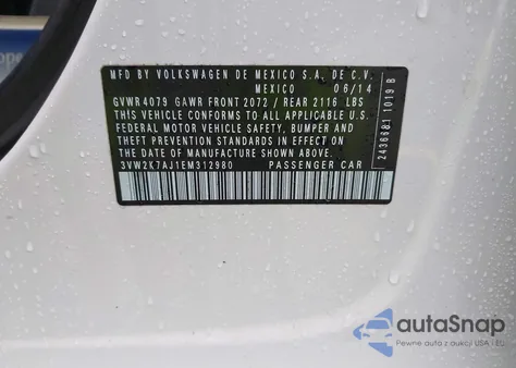 2014 Volkswagen Jetta 2.0L S из США, поврежденный, VIN 3VW2K7AJ1EM312980